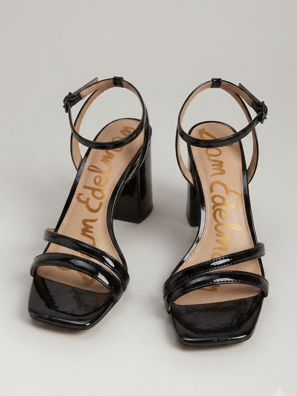 Sam Edelman Black Patent Square-Toe Strappy Block Heels - Picture 3 of 7